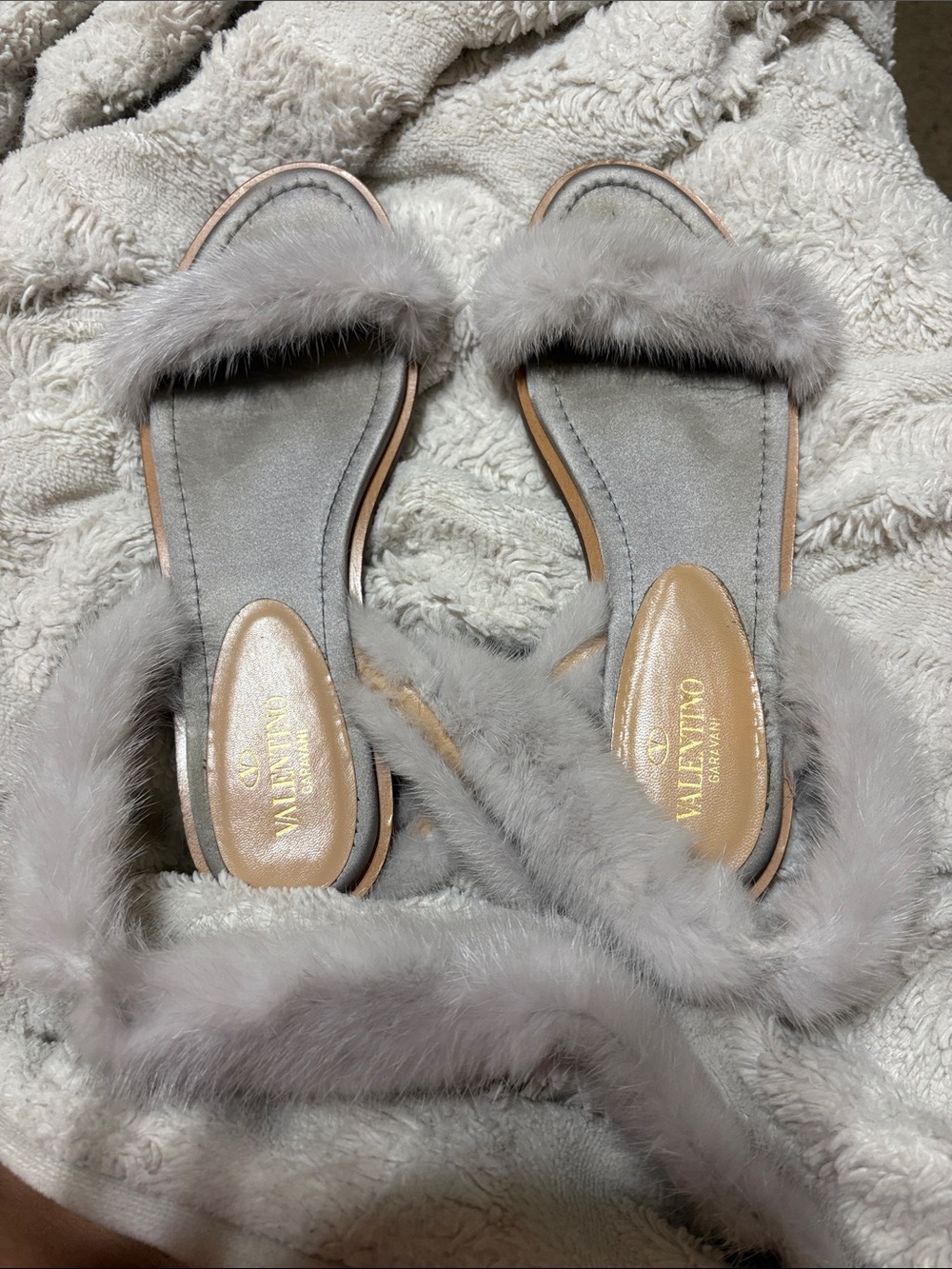 Valentino Gray mink Slide Sandals